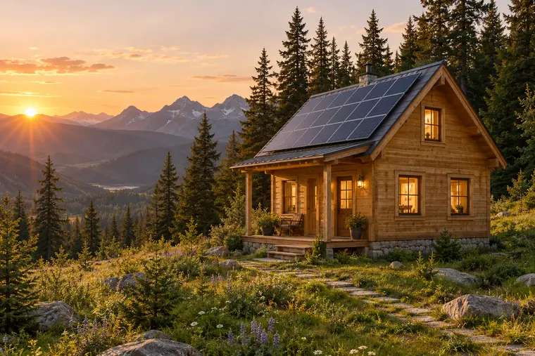 Brvnara sa solarnim panelima na krovu u planini u zalazak sunca